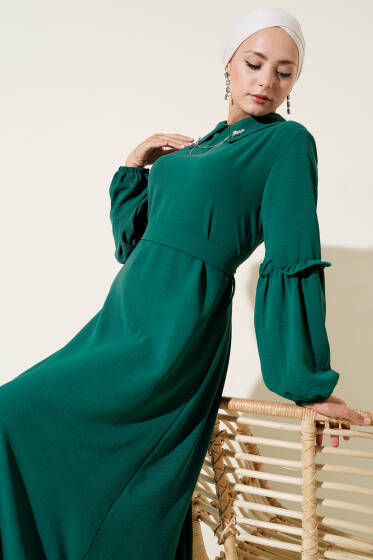 Ayrobin Kol Büzgülü Elbise Zümrüt - Elbise