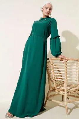 Ayrobin Kol Büzgülü Elbise Zümrüt - Tesettür Elbise
