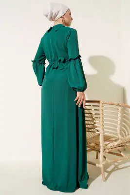 Ayrobin Kol Büzgülü Elbise Zümrüt - Tesettür Elbise