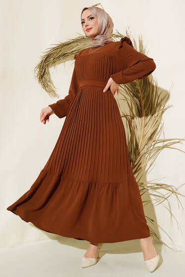 Ayrobin Piliseli Elbise Kahve - Elbise