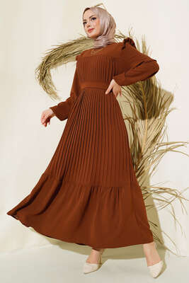 Ayrobin Piliseli Elbise Kahve 