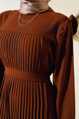 Ayrobin Piliseli Elbise Kahve - Tesettür Elbise