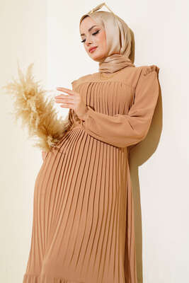 Ayrobin Piliseli Elbise Latte - Tesettür Elbise