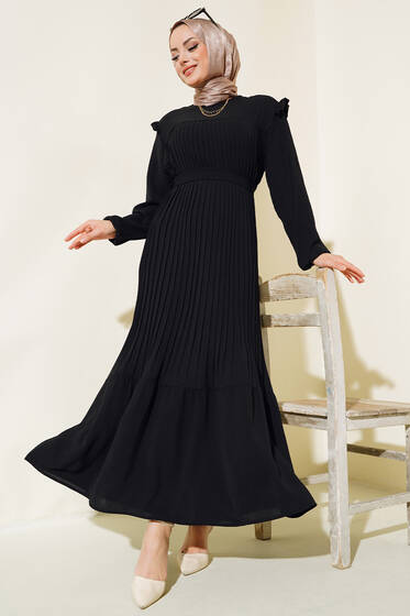 Ayrobin Piliseli Elbise Siyah - Elbise