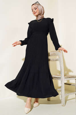 Ayrobin Piliseli Elbise Siyah - Tesettür Elbise