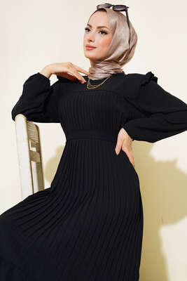 Ayrobin Piliseli Elbise Siyah - Tesettür Elbise