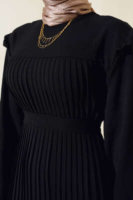 Ayrobin Piliseli Elbise Siyah - Tesettür Elbise