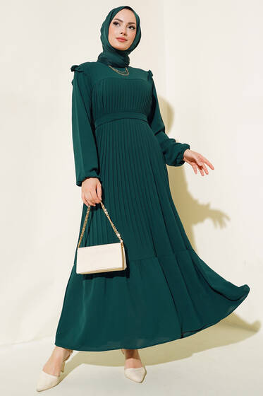 Ayrobin Piliseli Elbise Zümrüt - Elbise