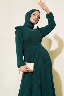 Ayrobin Piliseli Elbise Zümrüt - Tesettür Elbise
