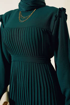 Ayrobin Piliseli Elbise Zümrüt - Tesettür Elbise