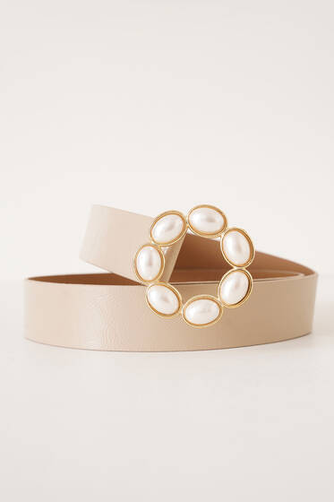 Badem İnci Tokalı Kemer Bej - Deri Kemer