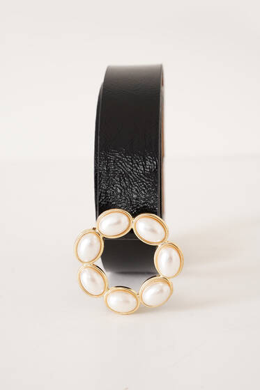 Badem İnci Tokalı Kemer Siyah - Deri Kemer