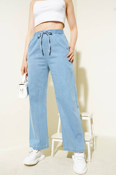 Bağcık Detaylı Beli Lastikli Kot Pantolon Kot Mavisi - Kadın Giyim Modelleri