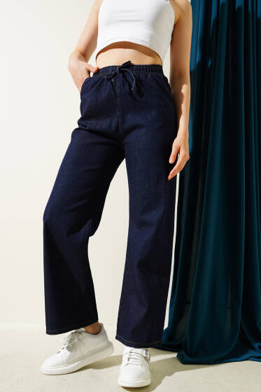 Bağcık Detaylı Beli Lastikli Kot Pantolon Lacivert - Kadın Giyim Modelleri