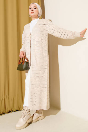 Bağcık Detaylı Uzun Triko Hırka Bej - Hırka