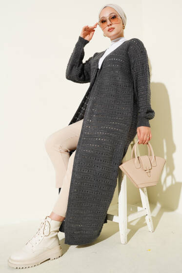 Bağcık Detaylı Uzun Triko Hırka Füme - Hırka