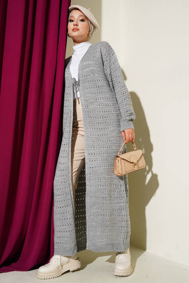 Bağcık Detaylı Uzun Triko Hırka Gri - Hırka