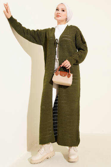 Bağcık Detaylı Uzun Triko Hırka Haki - Hırka