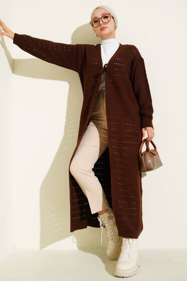 Bağcık Detaylı Uzun Triko Hırka Kahve - Hırka