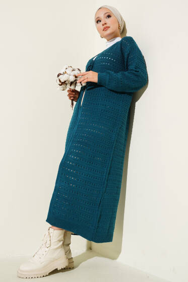 Bağcık Detaylı Uzun Triko Hırka Petrol - Hırka