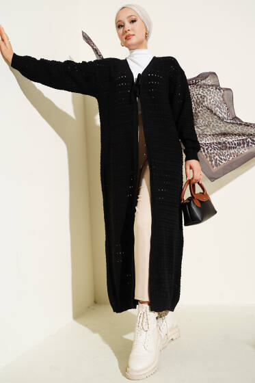 Bağcık Detaylı Uzun Triko Hırka Siyah - Hırka