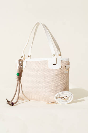 Bağcık Süs Detaylı Hasır Çanta Beyaz - Kol Çantası
