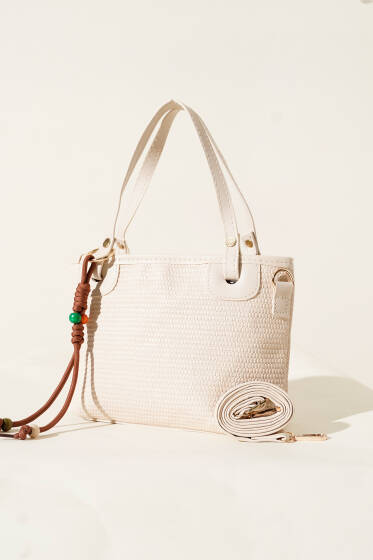 Bağcık Süs Detaylı Hasır Çanta Krem - Kol Çantası