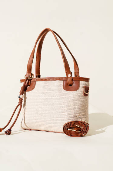 Bağcık Süs Detaylı Hasır Çanta Taba - Kol Çantası