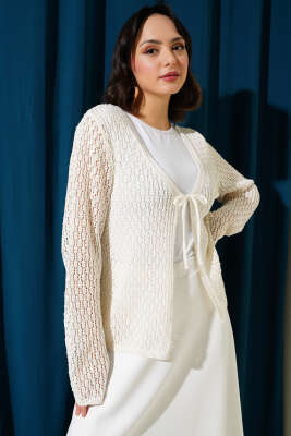 Bağcıklı Ajurlu Kısa Triko Hırka Ekru - Triko Hırka