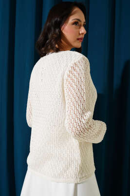 Bağcıklı Ajurlu Kısa Triko Hırka Ekru - Triko Hırka