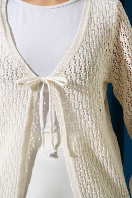 Bağcıklı Ajurlu Kısa Triko Hırka Ekru - Triko Hırka