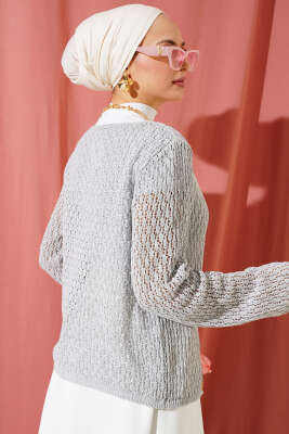 Bağcıklı Ajurlu Kısa Triko Hırka Gri - Triko Hırka