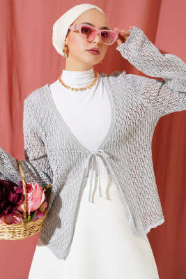 Bağcıklı Ajurlu Kısa Triko Hırka Gri - Triko Hırka