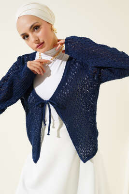 Bağcıklı Ajurlu Kısa Triko Hırka Lacivert - Triko Hırka