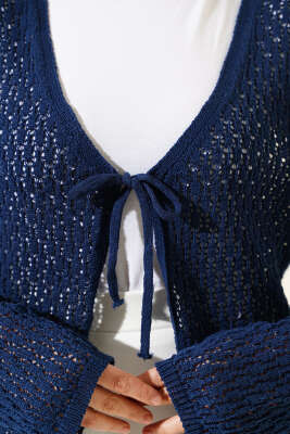 Bağcıklı Ajurlu Kısa Triko Hırka Lacivert - Triko Hırka