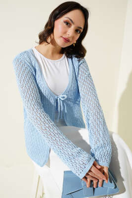 Bağcıklı Ajurlu Kısa Triko Hırka Mavi - Triko Hırka