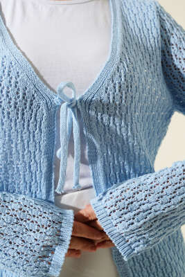 Bağcıklı Ajurlu Kısa Triko Hırka Mavi - Triko Hırka