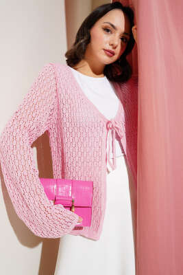 Bağcıklı Ajurlu Kısa Triko Hırka Pembe - Triko Hırka