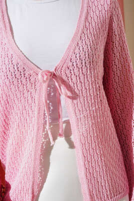 Bağcıklı Ajurlu Kısa Triko Hırka Pembe - Triko Hırka