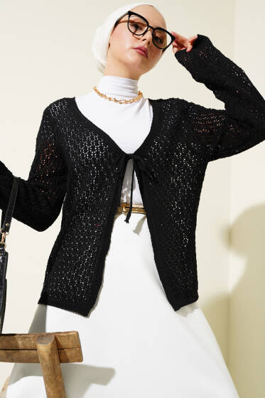 Bağcıklı Ajurlu Kısa Triko Hırka Siyah - Hırka