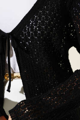 Bağcıklı Ajurlu Kısa Triko Hırka Siyah - Triko Hırka