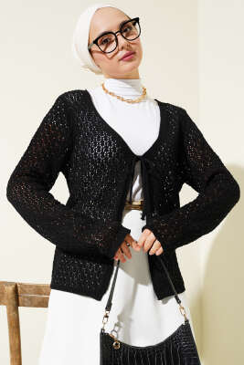 Bağcıklı Ajurlu Kısa Triko Hırka Siyah - Triko Hırka