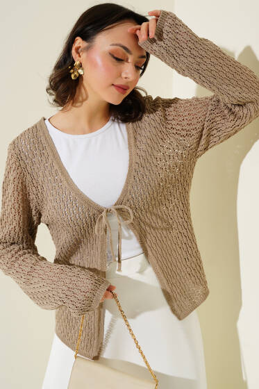 Bağcıklı Ajurlu Kısa Triko Hırka Vizon - Hırka