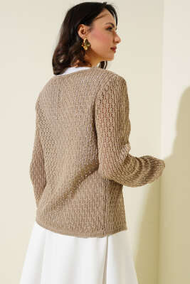 Bağcıklı Ajurlu Kısa Triko Hırka Vizon - Triko Hırka