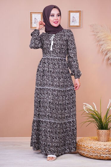 Bağcıklı Leopar Desenli Elbise - Tesettür Elbise