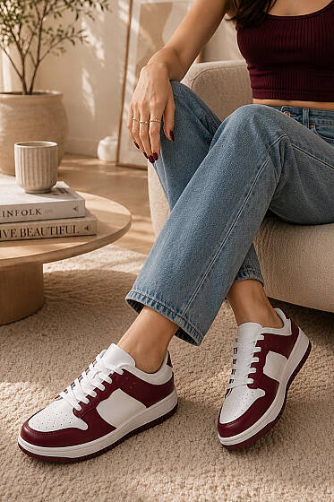 Bağcıklı Sneaker Spor Ayakkabı Bordo - Spor Ayakkabı