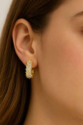 Baget Taşlı Geniş Halka Küpe - DEMİR BİJUTERİ