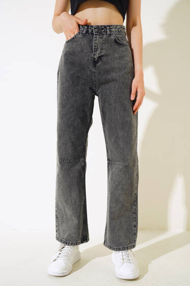 Baggy Arka Tokalı Kot Pantolon Siyah Açık Kar - Kadın Giyim Modelleri