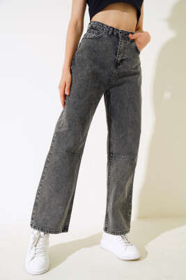 Baggy Arka Tokalı Kot Pantolon Siyah Açık Kar - Kadın Giyim Modelleri