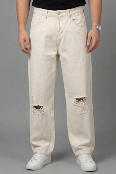 Baggy Fit Erkek Kot Pantolon Bej - Erkek Pantolon
